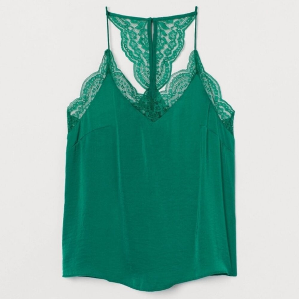 H&M Lace Trim Satin Cami Top Green Racerback Sleeveless Tank Top Sleepwear Small